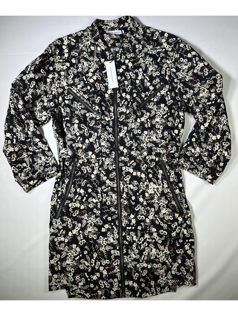 New Rebecca Minkoff Daphne Black Floral Cotton Twill Zip Up Dress Size Medium